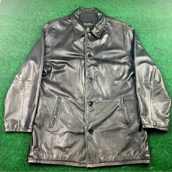 Men's Eddie Bauer Black Soft Lamb Leather Zip Up Jacket Wool Lined Size Large